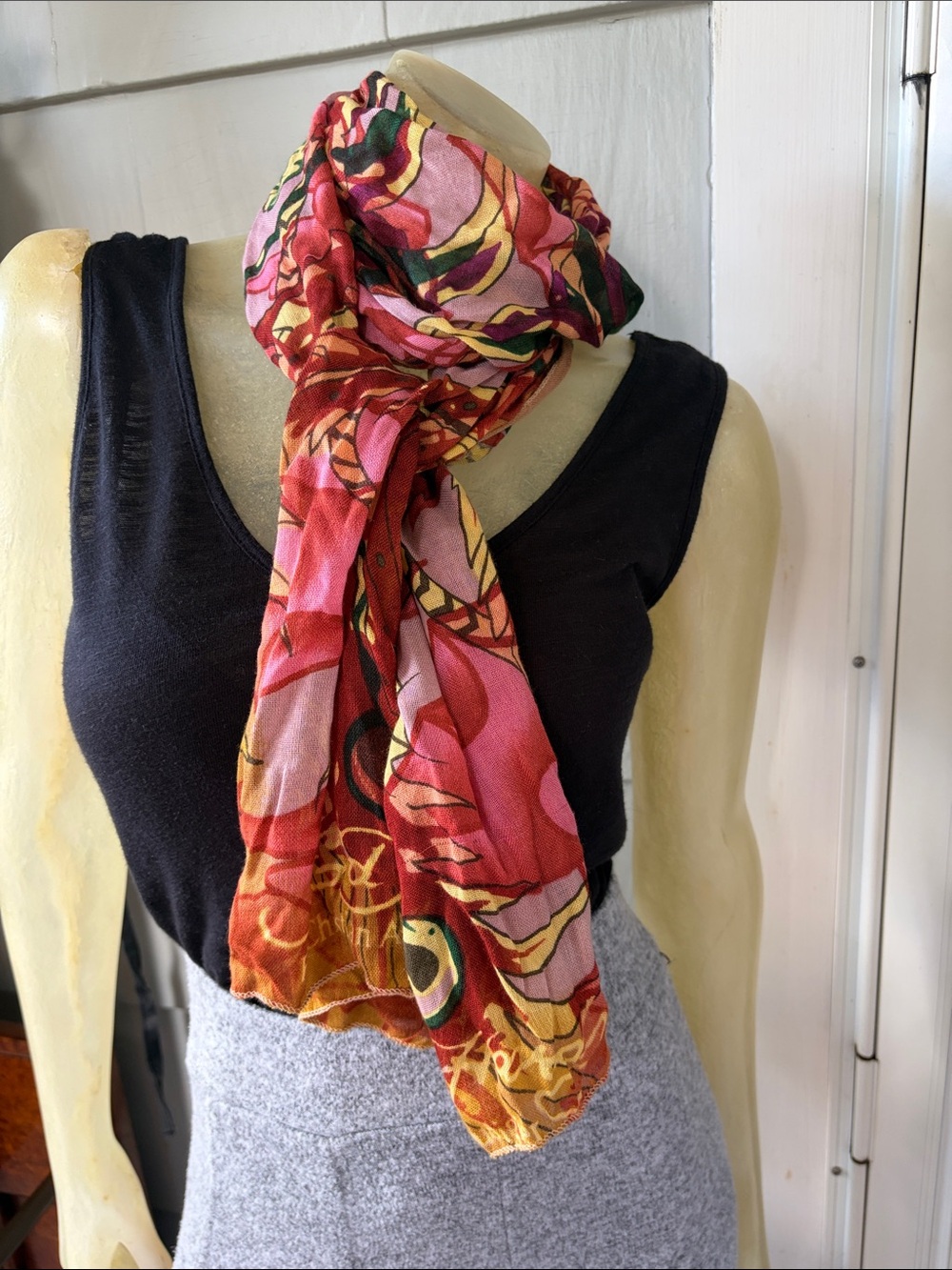 Christian Audigier Pink and Red Floral Lightweight Scarf